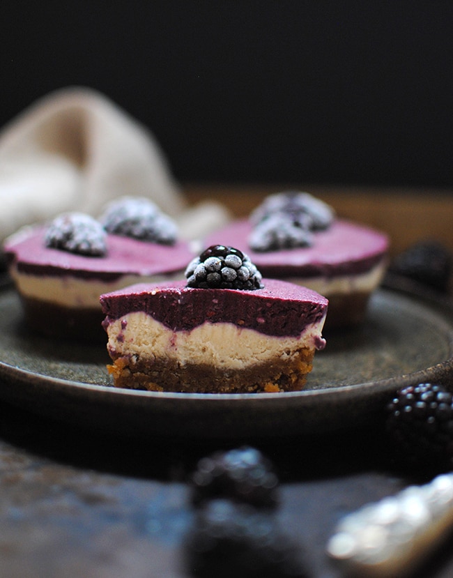 Raw Cheeescakes Made with Blackberries cut to see layers