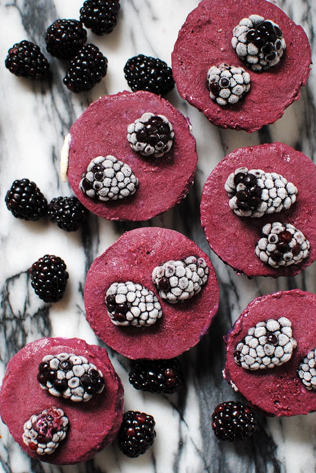 Raw Vegan Blackberry Cheeescakes on marble