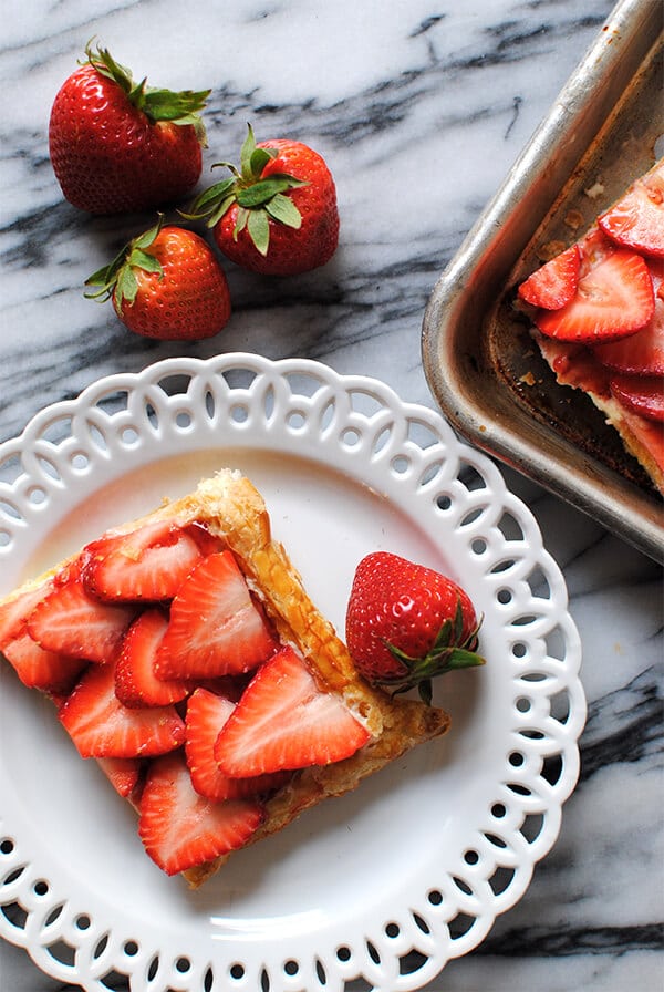 Strawberry Puff Pastry Tart slice on marble