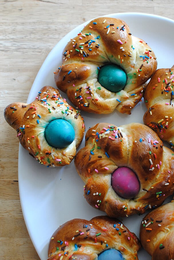 Italian Easter Bread with Dyed Easter Eggs and Sprinkles