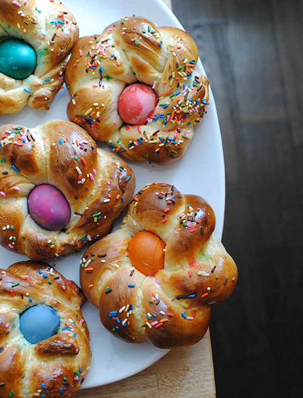 Italian Easter Bread with Sprinkles and Dyed Eggs