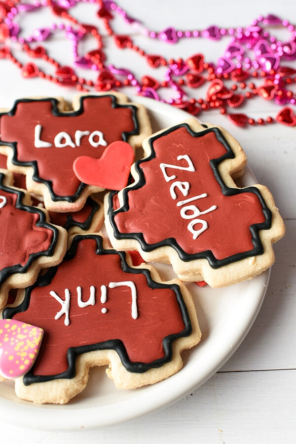 Heart-Shaped 8-Bit Valentine Cookies - Zelda, Lara Croft, Link