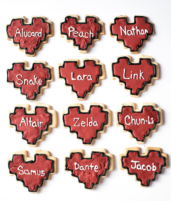 Heart-Shaped 8-Bit Valentine Cookies - Zelda, Snake, Link, Chun Li, Nathan, Peach, Samus, Dante, Alucard