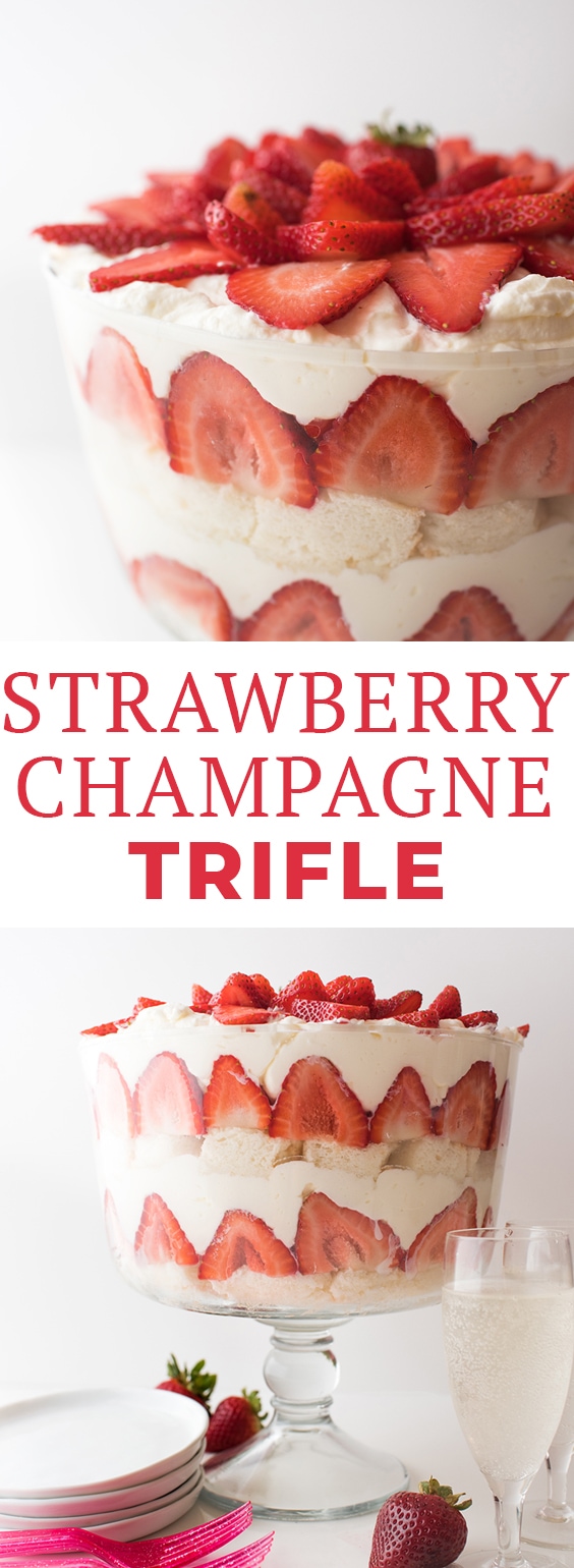 This Strawberry Champagne Trifle dessert features layers of angel food cake, champagne mascarpone whipped cream, and fresh strawberries! It's also a great dessert for New Year's Eve! #strawberrytrifle #trifle #triflerecipe #dessert #trifledessert #summerdessert #dessertideas #desserts #letseatcake #trifles #strawberry #strawberrydesserts #strawberryrecipes #dessertrecipes #greatbritishbakeoff #strawberriesandchampagne #champagne #newyearsdessert #ralphs #lovemyralphs #sponsored