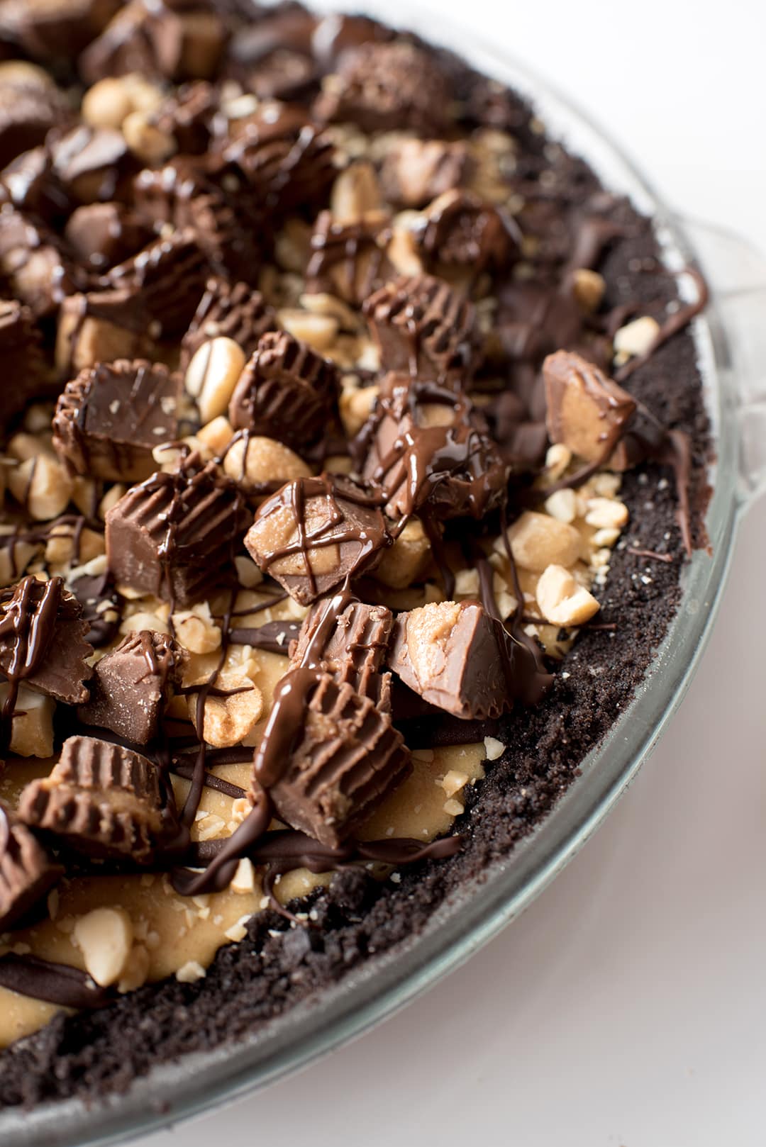 No Bake Chocolate Peanut Butter Pie in a dish