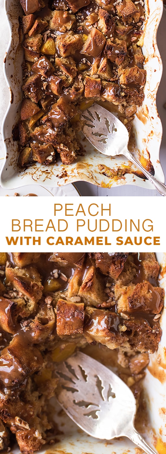 This Peach Bread Pudding with a Caramel Pecan Sauce is the best way to end summer! #peaches #recipe #breadpudding #peachrecipe #peachbreadpudding #baking #recipes #fall #summer #fallrecipes #summerrecipes #letseatcake #ralphs #lovemyralphs #sponsored
