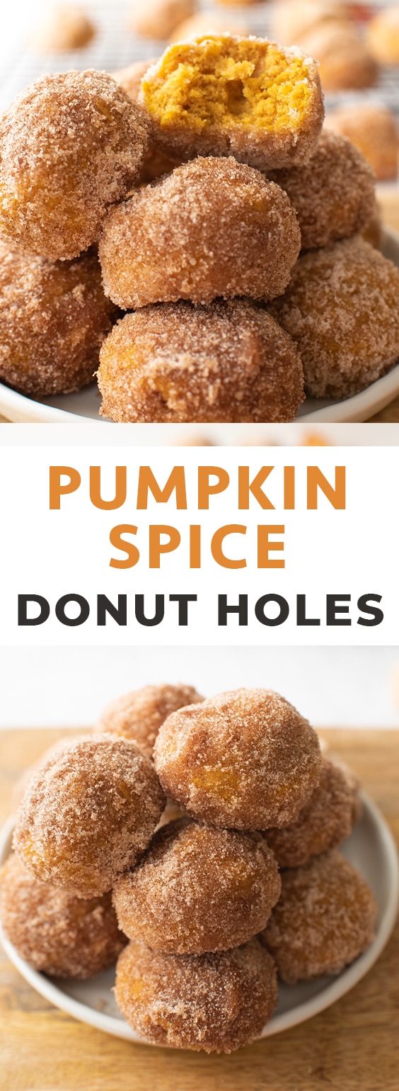 For an easy fall recipes, make these baked Pumpkin Donut Holes rolled in Cinnamon Sugar. They're ready in less than an hour, and you don't even need a donut pan to make them! #donuts #donut #pumpkin #pumpkindonuts #falldonuts #fall #easydonuts #donutrecipe #bakeddonuts #fallideas #fallrecipes