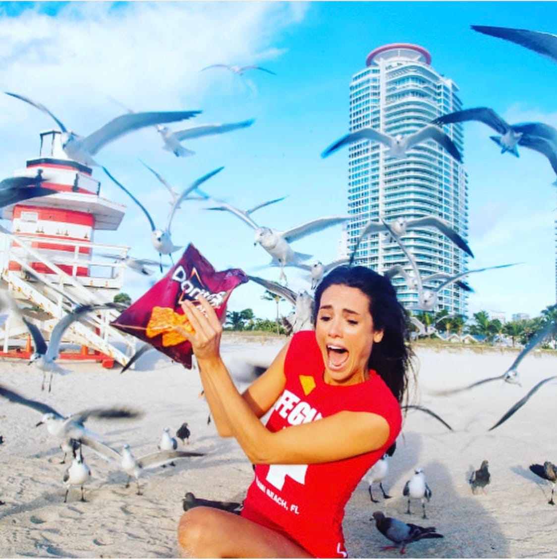 Liz Plank Engagement Shoot with a Bag of Doritos - seagulls attacking