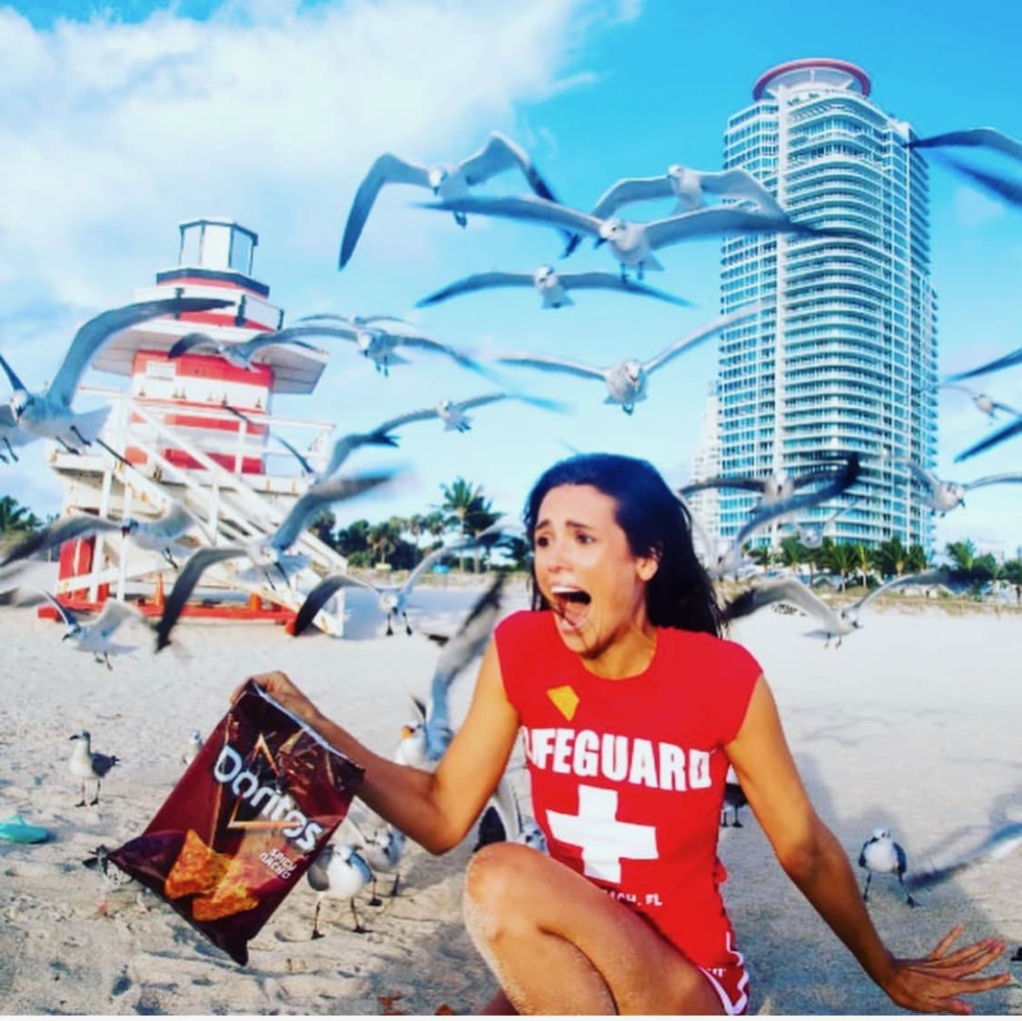 Liz Plank Engagement Shoot with a Bag of Doritos - seagulls attacking her screaming