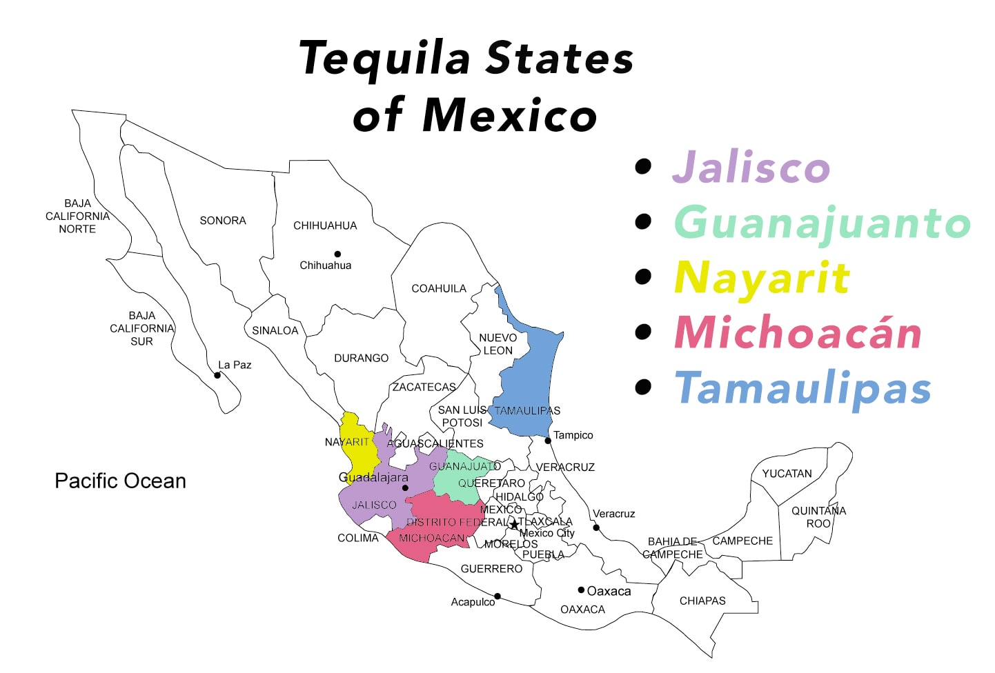 Estados tequileros de México: Jalisco, Guanajuato, Nayarit, Michoacán, y Tamaulipas