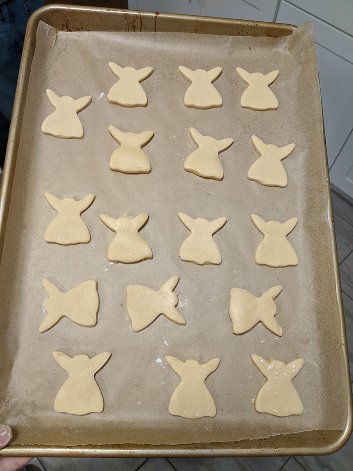 Baby Yoda Cookies on a cookie sheet