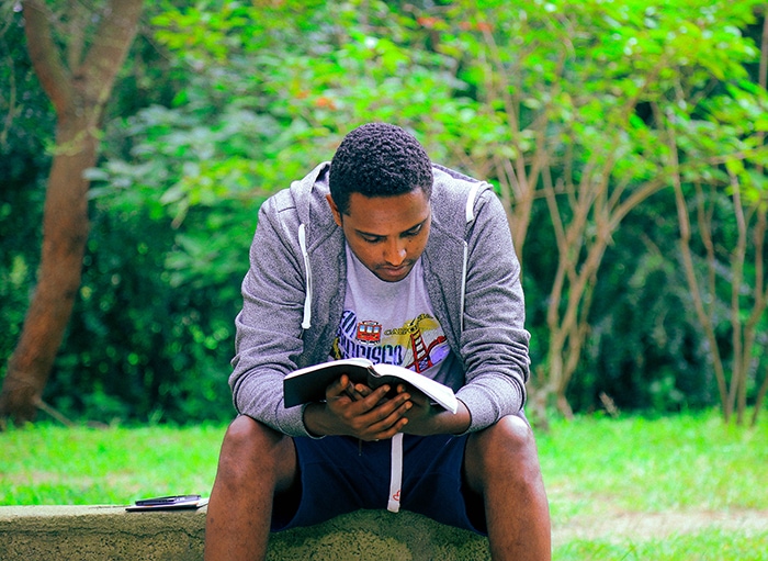 Reading List - Guy Reading on Bench in Woods