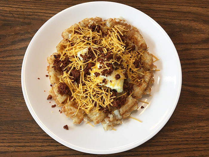Tater Tot Waffles with Cheese and Chorizo