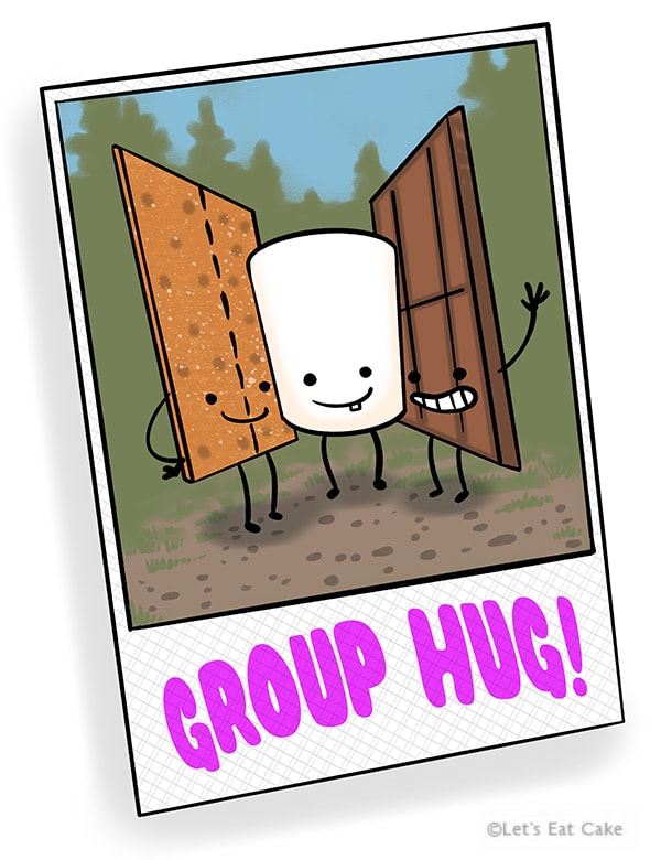 Smores Puns - Group Hug Between Chocolate Graham Crackers and Marshmallow