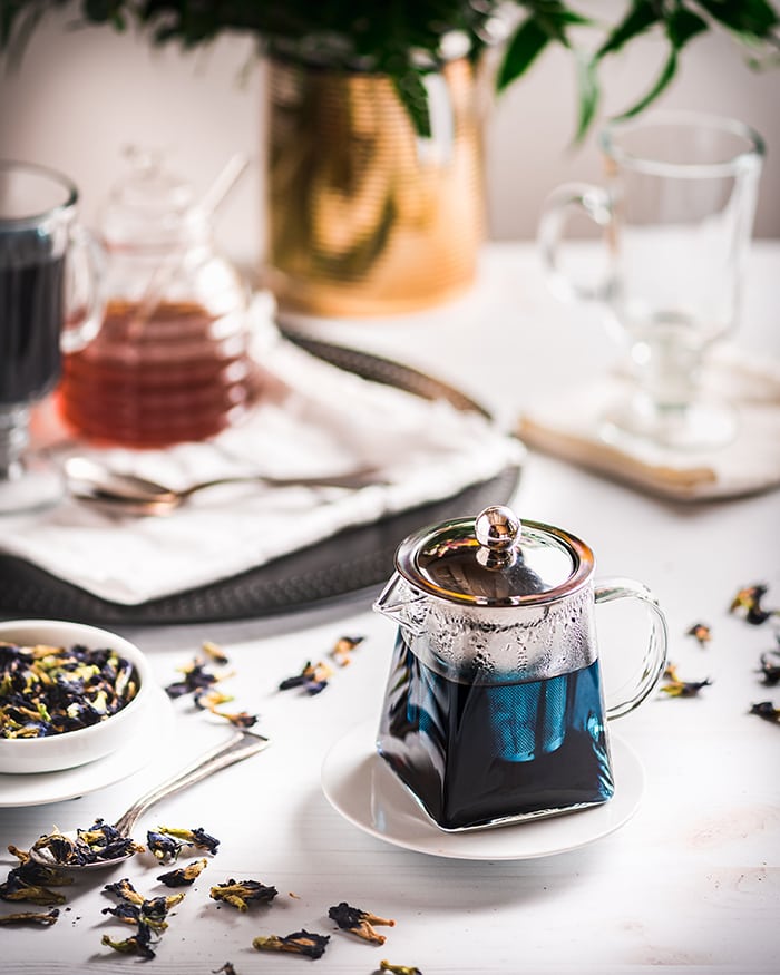 Butterfly Pea Flower Tea Latte - steeped blue tea in teapot