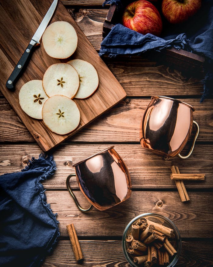 Apple Cider Mules - copper mugs on wood