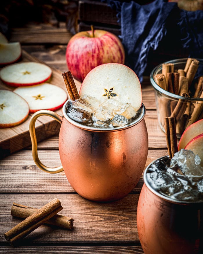 Apple Cider Mules - copper mug with ice and apple slice