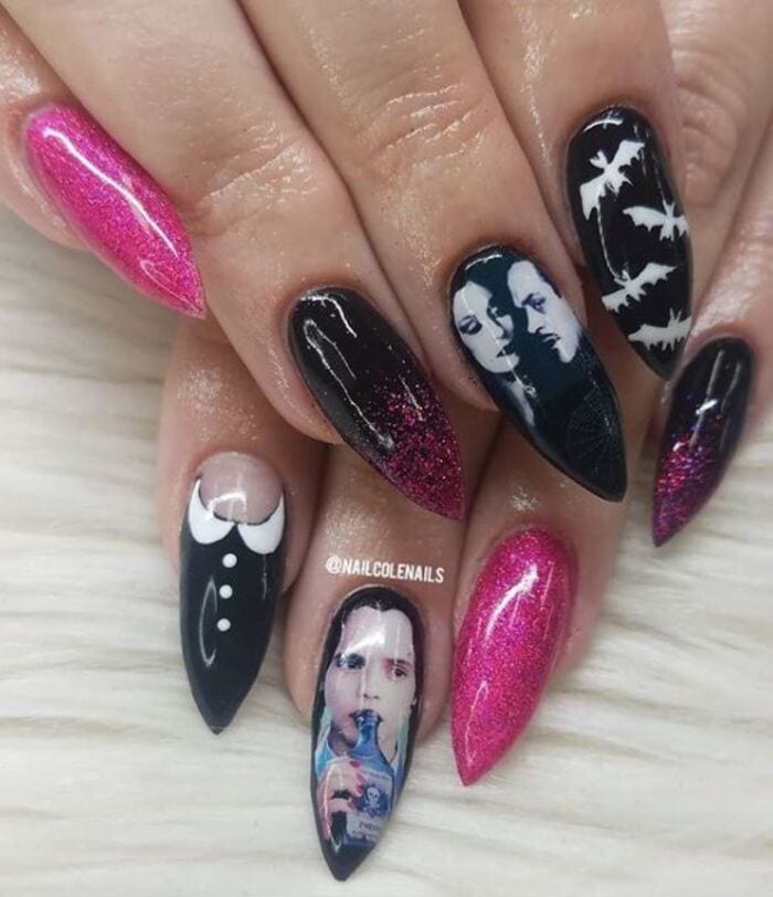 Black Halloween Nails - Adams Family