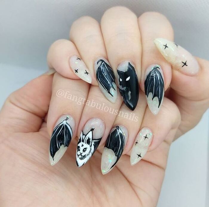 Black Halloween Nails - Bats and Cats