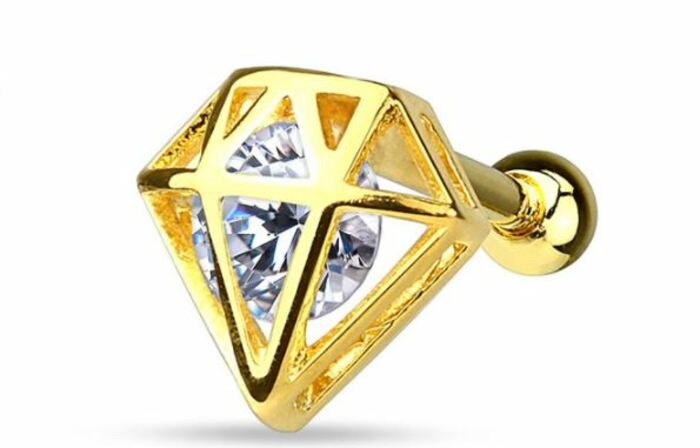 Tragus Piercing - Gold diamond shell and diamond center