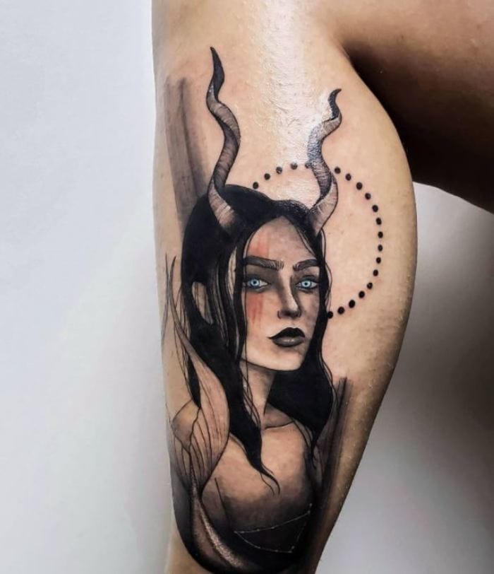 Capricorn tattoo - black tattoo woman with horns