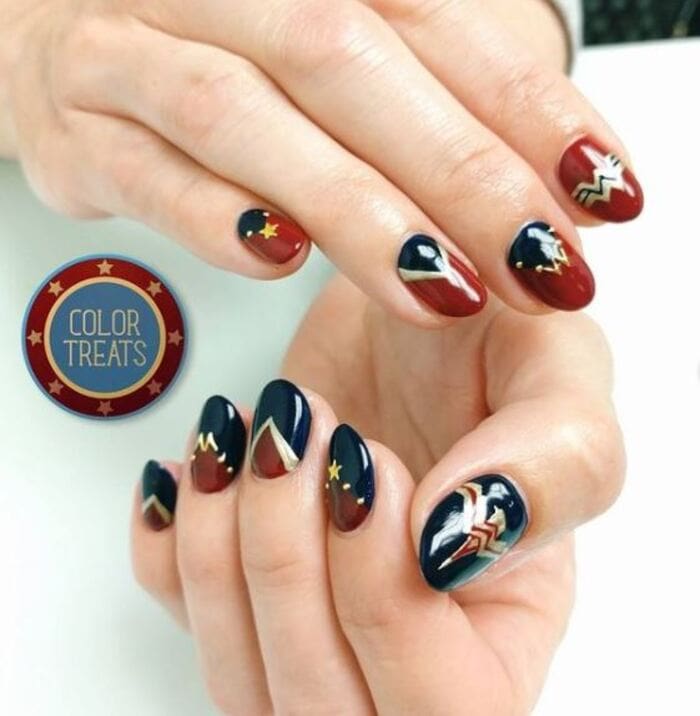 Wonder Woman Nails - red blue and gold nails