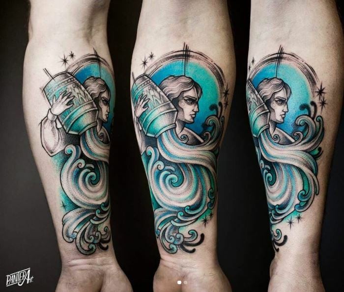 Blue Water Aquarius Tattoo On Sleeve