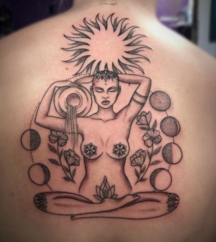 Aquarius Tattoos - Black Aquarius meditating tattoo