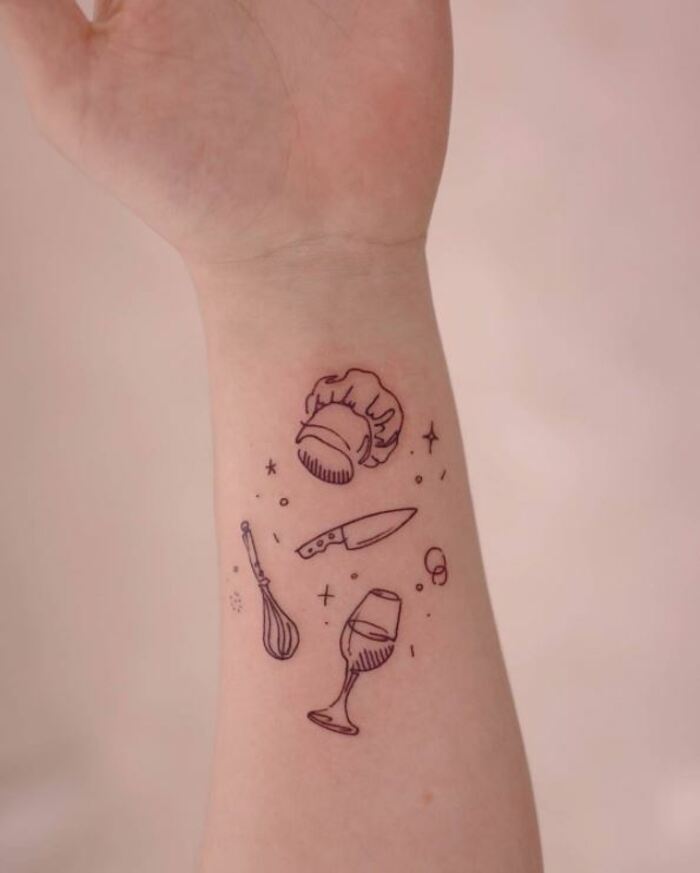 Minimalist Tattoos - Wine glass, knife bakers hat and whisk
