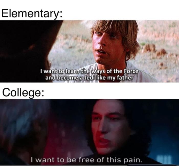 Star Wars Memes - Elementary: I want to learn the ways of the force and become a Jedi like my father. College: I want to be free of this pain