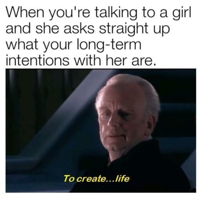 Star wars memes - When you're talking to a gir and she asks you straight up what your long term intentions are... to create life