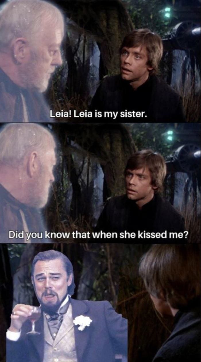 Star Wars Memes - Leia is my sister. did you know she kissed me? Brad Pitt laughing meme from the movie Django