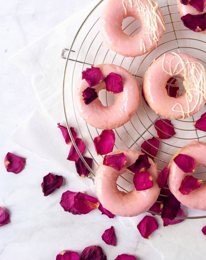 Valentine's Day Donuts - vanilla rosewater glaze donuts