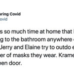Seinfeld During Covid - George spends so much time at home that he develops a phobia of going to the bathroom anywhere other than his home base. Jerry and Elaine try to outdo each other with the number of masks they wear. Kramer installs a plexiglass screen door.