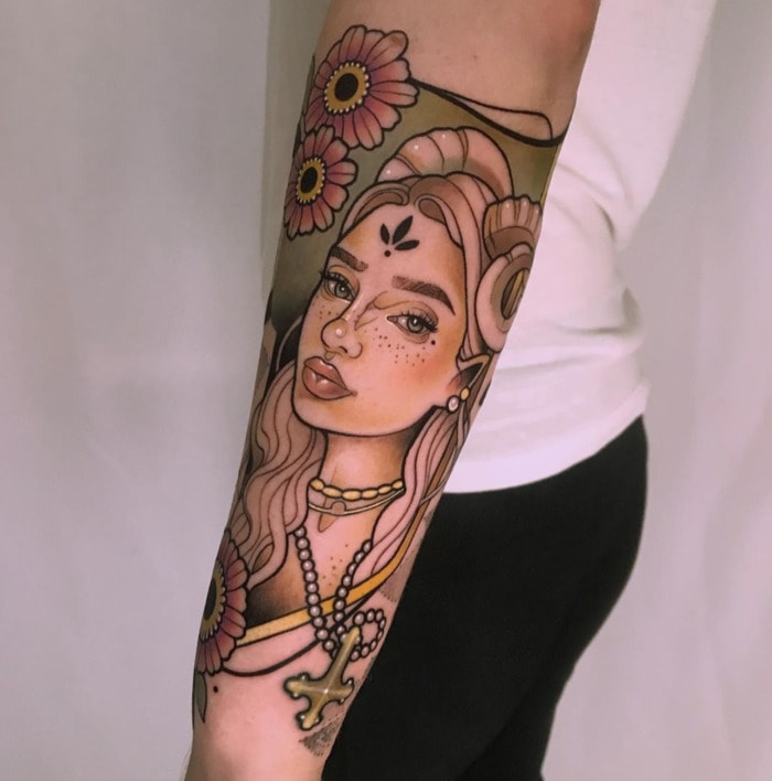Aries Tattoo - neo-traditional ram woman independent ink