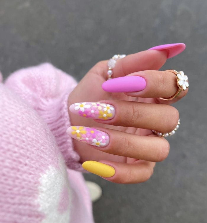 Spring Nail Designs - neon pink yellow flowers nail art
