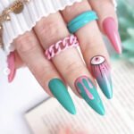Spring Nail Designs - pink green ombre nails with eye