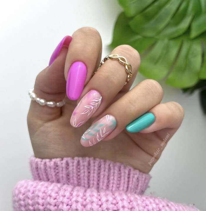 Spring Nail Designs - neon pink green flowers nails