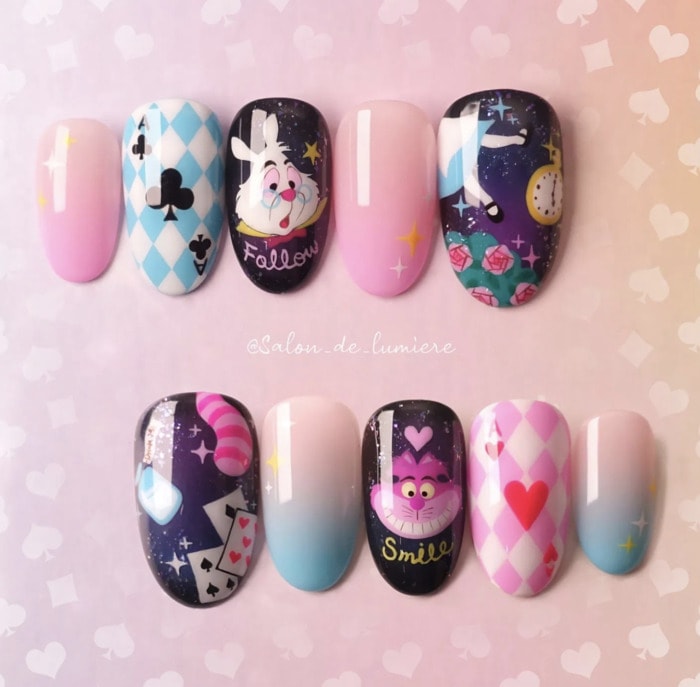 Spring Nail Designs - hand painted alice in wonderland nails