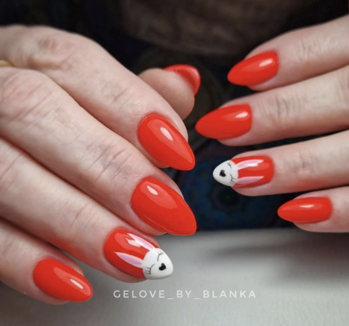 Spring Nail Designs - red nails with bunny