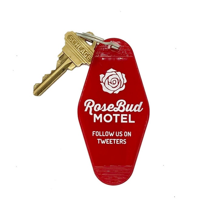 Schitt's Creek Gifts - Rosebud Motel keychain follow us on Tweeters