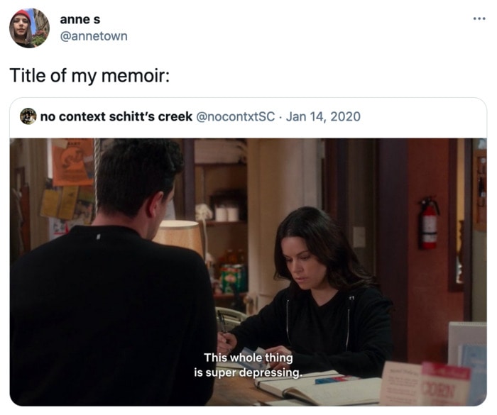 Schitt's Creek memes - super depressing memoir