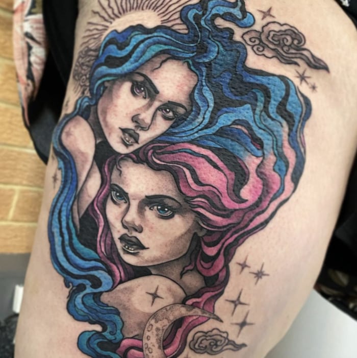 Gemini Tattoos - two women with colorful hair