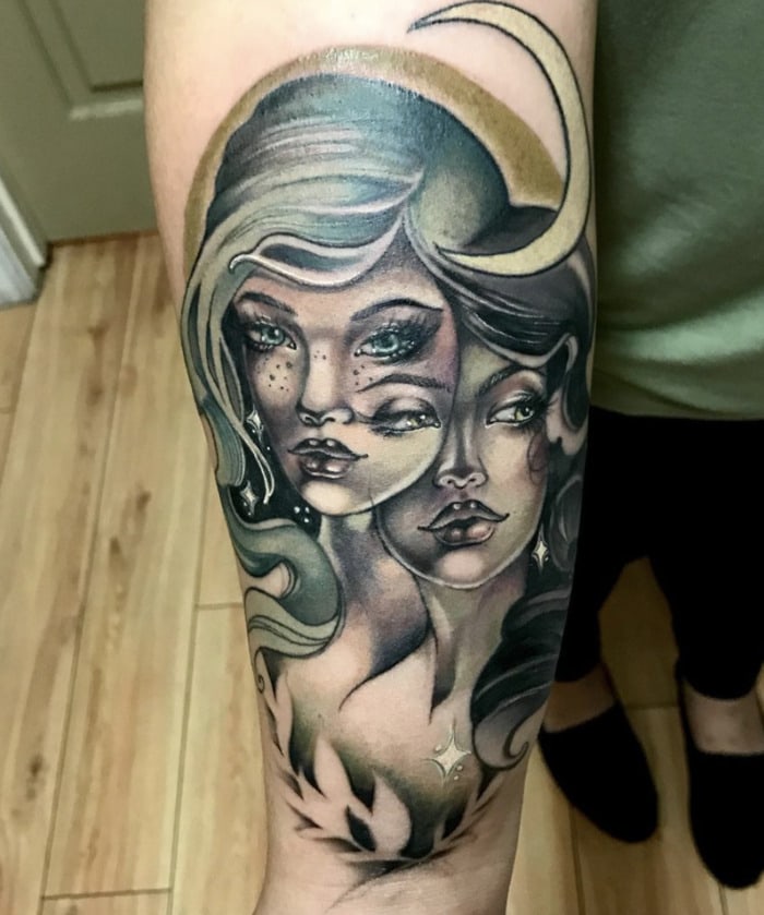 Gemini Tattoos - two women see through moon