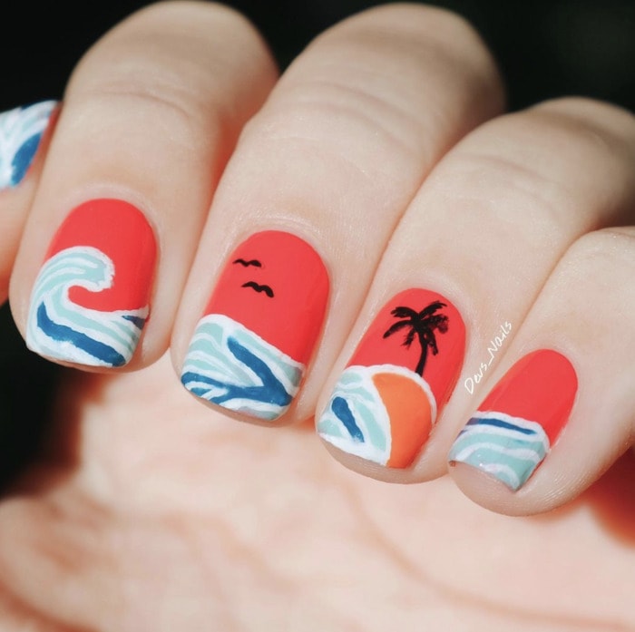 Beach Nail Art - palm tree sunset scene