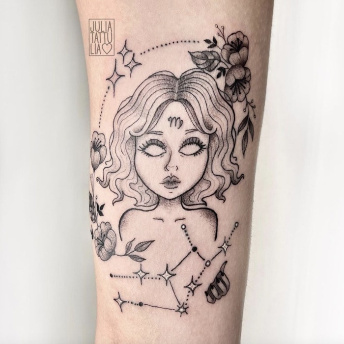 Virgo Tattoo - constellation with glyph girl