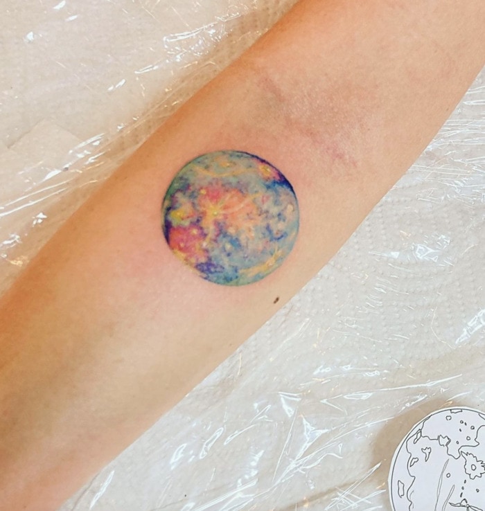 Virgo Tattoo - watercolor mercury planet