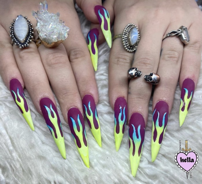 Halloween Nail Designs - neon purple yellow flames