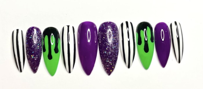 Beetlejuice Nails - Press-on striped pointy nails