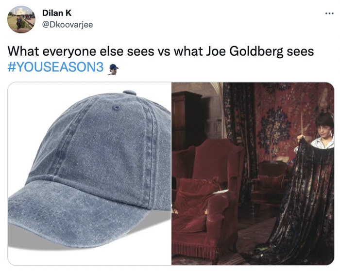 you season 3 tweets - joe's hat invisibility cloak